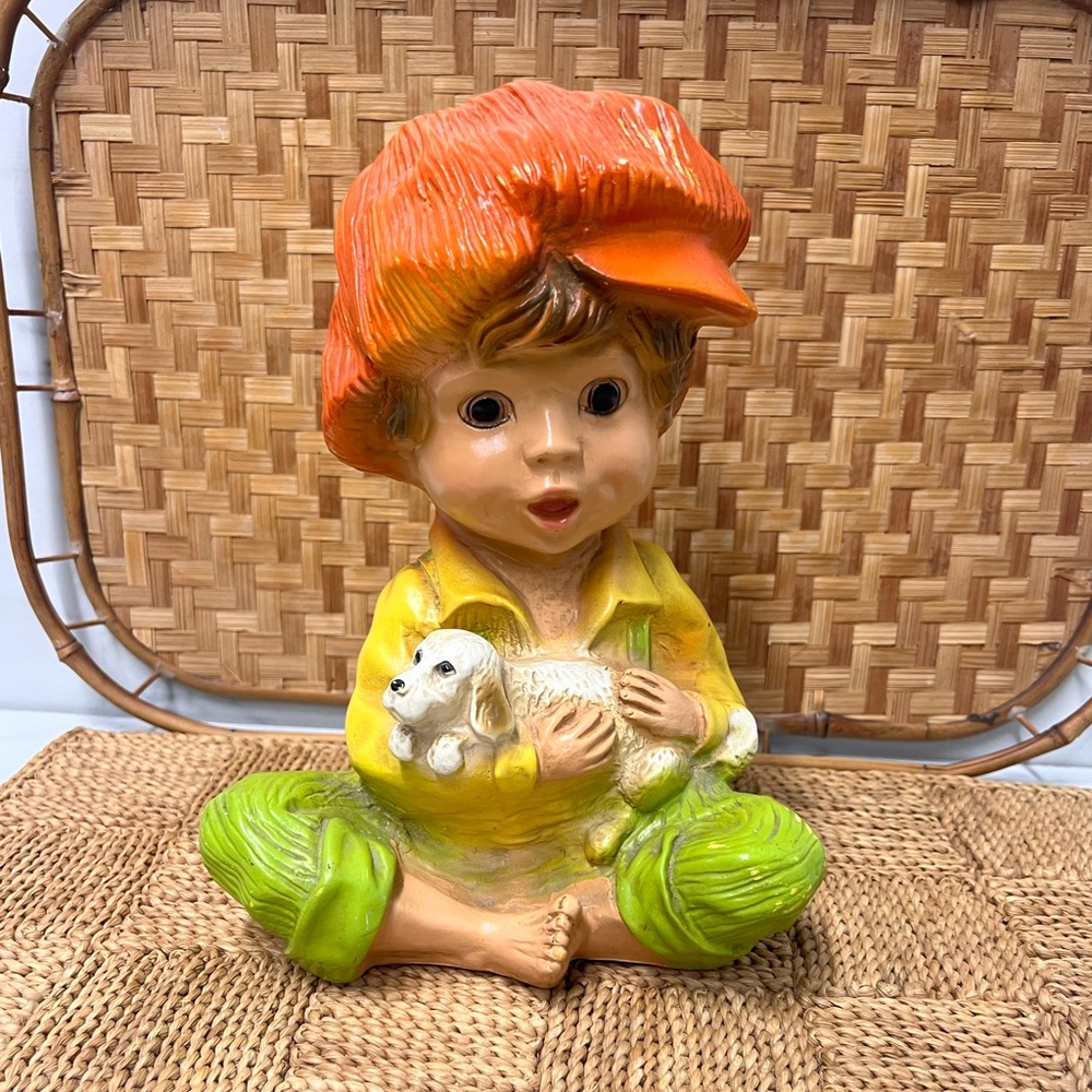 Vintage boy holding dog statue universal statuary retro Andy decor